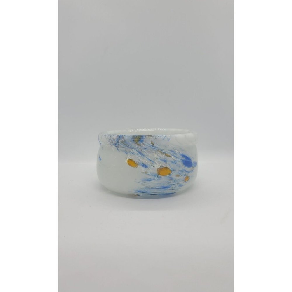 White, Blue And Amber 8 Oz Glass Bowl Hand Made Ngwenya Glass
